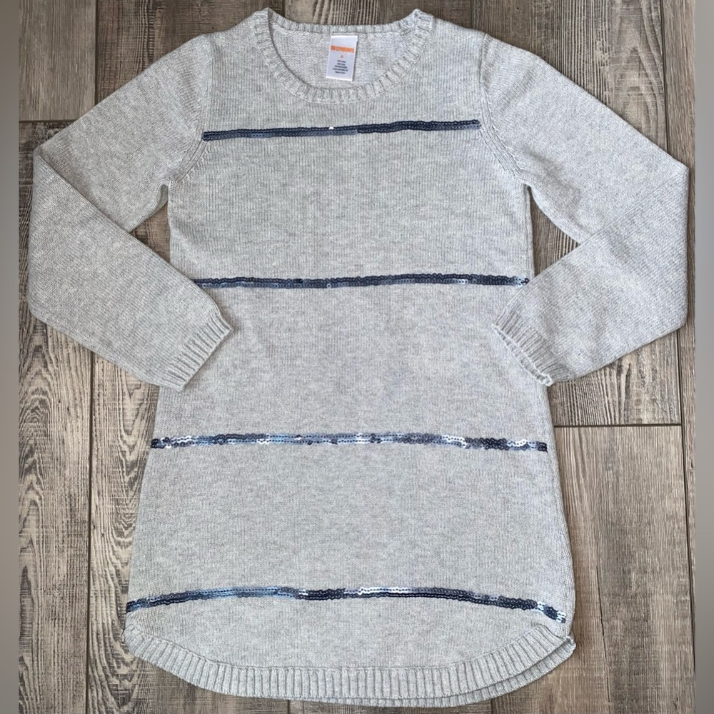 Gymboree Light Grey Knit Sweater Dress Blue Sequin Stripes Girl’s Size 8